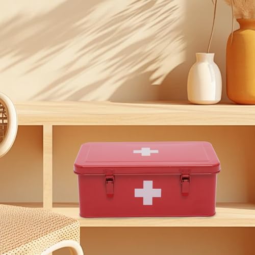 First Aid Box Empty, Metal Medicine Box with Safety Lock, Medical Storage Organizer, First Aid Kit Supplies Organizer for Emergency Set (Red)