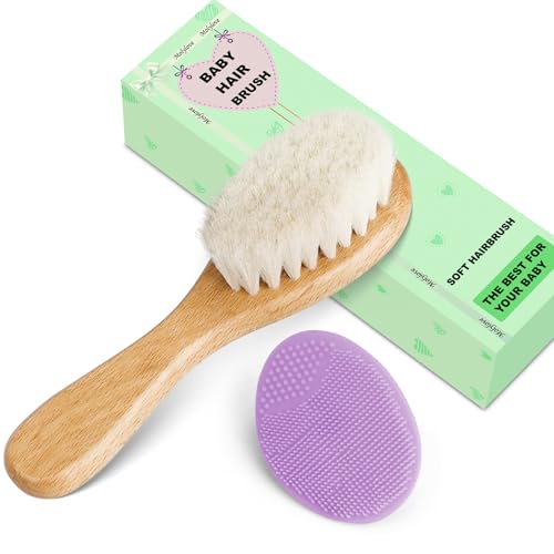 Baby Hair Brush and Purple Cradle Cap Brush Set for Newborns and Toddlers, Wooden Baby Hair Brush Set with Soft Goat Bristle, Baby Hair Care Kit 2PCS - color: Purple