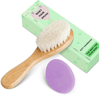 Baby Hair Brush and Purple Cradle Cap Brush Set for Newborns and Toddlers, Wooden Baby Hair Brush Set with Soft Goat Bristle, Baby Hair Care Kit 2PCS - color: Purple