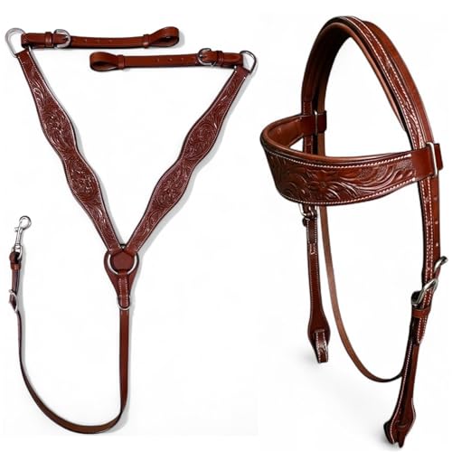 Majestic Ally Tooled Leather Western Headstall & Breast Collar Set – Handcrafted Leather, Classic Western Tack, Multiple Styles & Designs - style: 0986-TAN