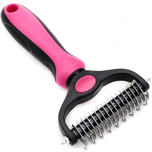 Pet Grooming Rake for Dogs & Cats - Double-Sided Deshedding and Dematting Tool, Gently Remove 95% of Loose Undercoat & Mats for Long-Haired Pets, Painless Fur Brush for Shedding Control (Pink) - color: Pink