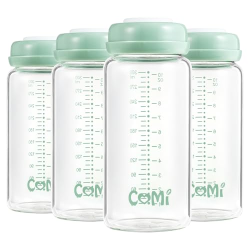 COMI Wide Neck Glass Breastmilk Collection n Storage Bottle, 4 Packs,10oz with Screw Ring Sealing Disk,Re-markable Sealing Disc,BPA Free,Fits Breast Pumps&Nipples(4 Green Lids) - style: 300ml 4Green