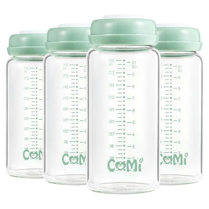 COMI Wide Neck Glass Breastmilk Collection n Storage Bottle, 4 Packs,10oz with Screw Ring Sealing Disk,Re-markable Sealing Disc,BPA Free,Fits Breast Pumps&Nipples(4 Green Lids) - style: 300ml 4Green