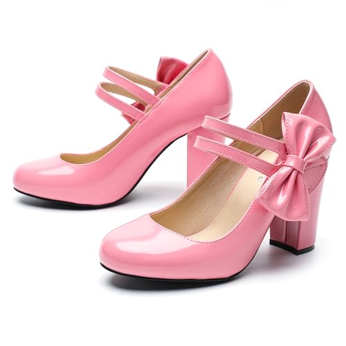 fereshte Women's Mary Jane Pumps with Bow, Double Strap, 3.54 Inch Chunky Block Heel Dress Shoes - color: Pink Patent, size: 9