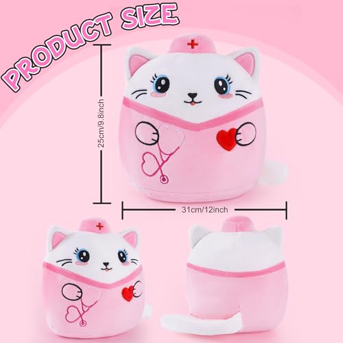 Nurse Cat Stuffed Animal, 8-Inch Pink Cat Plush Toy with Stethoscope Embroidery, Cute Cat Plushie Pillow Gifts for Nurses Women, Nursing Student Graduation and Appreciation Week Gift - style: Nurse Cat
