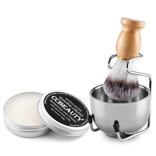 CCbeauty Mens Shaving Brush and Bowl Set, 4 in 1 Badger Shave Brushes Kit with Stainless Steel Bowl & Soap Mug, Safety Razor Stand, Birthday Boyfriend Dad Gifts Set for Men, Shaving Cream 3.5Oz - color: 3# White Cream