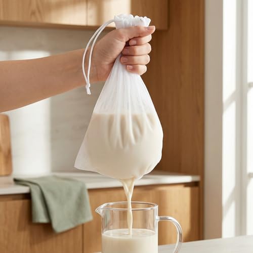 200 MESH Nut Milk Bag, 2 Sizes (6"x8" & 8"x12"), Reusable Food Grade Nylon Fine Mesh Strainer Bags with Drawstring for Juice, Soy Milk, Cold Brew Coffee, Tea