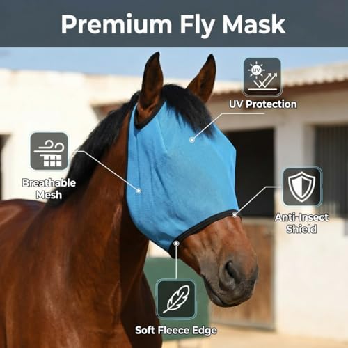Horse Fly Mask Without Ears, UV Protection Fly Mask for Horses, Breathable Fine Mesh Horse Face Mask for Mosquito & Insect Protection, Adjustable Equine Fly Mask for Summer Riding & Barn Use, Blue
