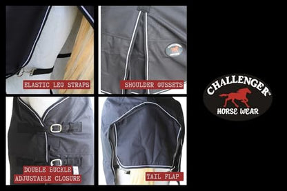 Challenger 1200D Turnout Rain Horse Sheet Light Winter Blanket Gusset 363G - color: Black Black-White Trim, size: 78"