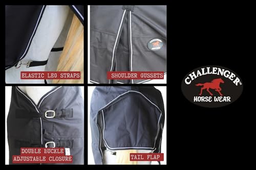 Challenger 1200D Turnout Rain Horse Sheet Light Winter Blanket Gusset 363G - color: Black Black-White Trim, size: 68"