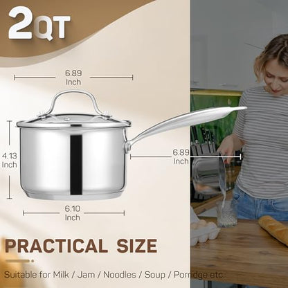 Ciwete 2 Qt Stainless Steel Saucepan with Glass Strainer Lid, 2 Quart Pot Stainless Steel Sauce Pan with Pour Spout, Mirror Polishing, Compatible with All Cooktops Dishwasher Safe Oven Safe - size: 2 Quart (With Glass Strainer Lid)