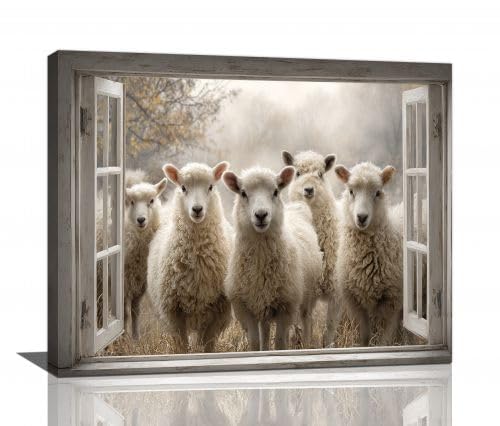 Vintage Sheep Wall Art Farmhouse Sheep Window Pictures Wall Decor Lamb Canvas Prints Painting Framed Artwork Decoration for Living Room Bedroom Bathroom 16”X20” - color: Sheep, size: 20"L x 16"W