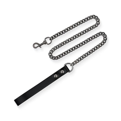 38" Aluminum Chain Leash with Leather Handle for Collar - color: Black&Black