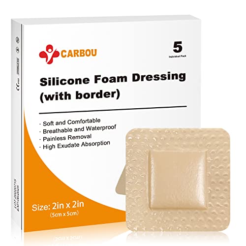 Carbou Silicone Foam Dressing with Adhesive Gentle Border,2"x2" Waterproof Wound Dressing,High Absorbency Wound Bandage,Silicone Foam Pad for Wound Care,5 Pack | Adhesive Waterproof Wound Dressing, High Absorbency Wound Bandage, Silicone Foam Pad for Woun