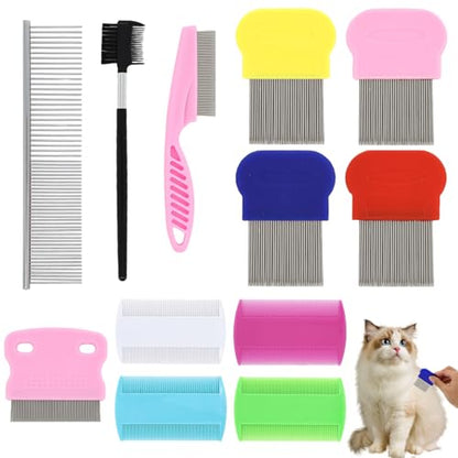 Lice Comb, 12 Pcs Dandruff Combs, Hair Double Sided Fine Tooth Combs with Metal Teeth, Stainless Steel Louse and Nit combs, Dematting Comb for Dogs Cats for Small, Medium & Large Pets