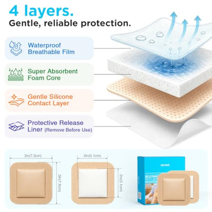 OK TAPE Silicone Foam Wound Dressing 3x3 Inch 20 Pack with Border | Wound Care Surgical Bandage, Gentle Adhesive for Skin Tears, Water-Resistant - size: 3" x 3" – 20 Count