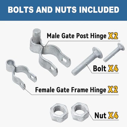 2 Pack 1-3/8" x 2-3/8" Chain Link Fence Gate Hinge Kit, Galvanized Steel Gate Hinges, Heavy Duty with 2 PCS 1-3/8" Frame Hinge and 2 PCS 2-3/8" Post Hinge, Bolts & Nuts Included - size: 1-3/8" x 2-3/8"