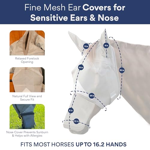 Horse Fly Mask with Nose Cover & Ears, UV Eye Protection, Medium/Large
