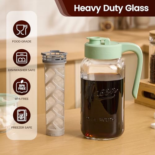 Cold Brew Coffee Maker Glass, 64 oz Mason Jar Pitcher | Airtight, Leakproof, Fridge Safe, Dishwasher Safety, Ergonomic Handle, Pour Spout Lid, for Iced Coffee, Lemonade, Ice Tea - color: Green, size: 64 Ounces