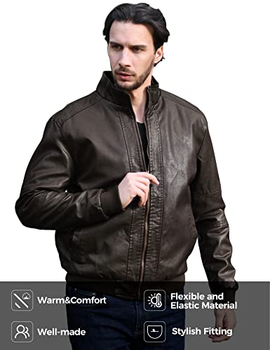 WenVen Men's Stand Collar Fleece Lined Faux Leather Jacket Warm Winter Coat | Bomber Outerwear - color: Grey, size: Medium