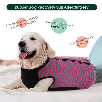 Kuoser Dog Recovery Suit with Anti Licking Rear Leg Sleeve, Rose L - color: Rose Strips, size: Large (Back Length: 40cm / 15.74")