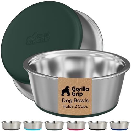 GORILLA GRIP Dog Bowls, Food Grade Stainless Steel, Set of 2, 2 Cup, Green | 304 Stainless Steel Pet Feeding Bowls Hold 16 fl oz Each, Dishwasher Safe, Rust Resistant, BPA Free Rubber Base - color: Hunter Green, size: 2 Cup (16 Oz)