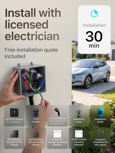 EVIQO Level 2 EV Charger J1772 48A - Hardwired 240V Wall Charging Station | up to 50 mph, 25ft Cable, Enhanced WiFi (2.4GHz), Smart App, Weatherproof Indoor/Outdoor (IP66, NEMA 4), UL & ETL Certified - size: 48
