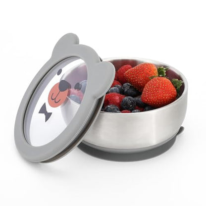 MR. CHOU Baby Bowls with Non-Slip Silicone Suction Cup, Insulated Double-Layer 18/8 Stainless Steel Toddler Bowls with BPA Free Airtight Lids, Food-Grade Silicone Safe for Kids (Gray) - color: Gray