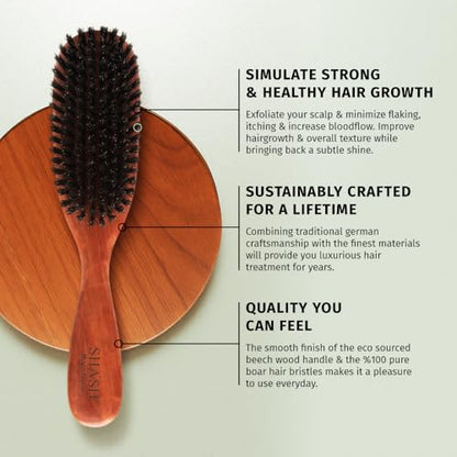 SHASH Classic German First Cut 100% Boar Bristle Hair Brush Since 1869 - Conditions Hair, Improves Texture, Exfoliates Scalp, Fine to Normal not for Coarse hair!