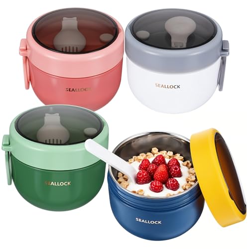 4pcs Overnight Oat Containers with Lids and Reusable Plastic Spoons,20oz Portable Stainless Steel Yogurt Breakfast On The Go Cups, Cups for Cereal,Milk and fruit Salad Storage Container