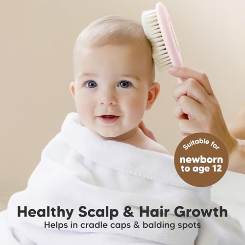 Baby Hair Brush and Comb Set for Newborn and Baby Washcloths Bundle - Natural Wooden Hairbrush with Soft Goat Bristles for Cradle Cap (Oval, Blush) - Baby Towels and Washcloths (Blush Pink)