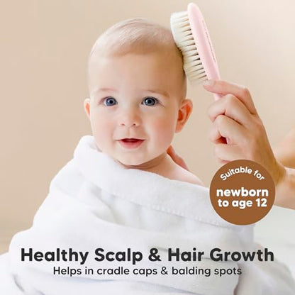 Baby Hair Brush and Comb Set for Newborn and Baby Washcloths Bundle - Natural Wooden Hairbrush with Soft Goat Bristles for Cradle Cap (Oval, Blush) - Baby Towels and Washcloths (Blush Pink)