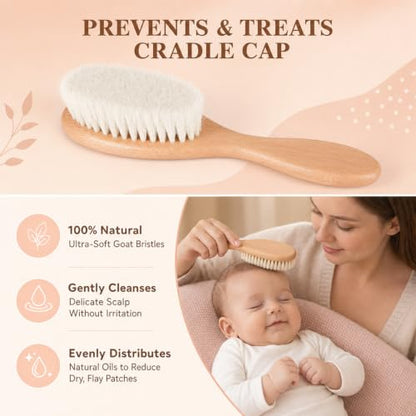 4 Piece Baby Hair Brush and Comb Set for Newborns, Wooden Baby Brush with Soft Natural Goat Bristle, Infant Hair Care Kit Helps Prevent Cradle Cap, Grooming Essentials Gift for Boys and Girls