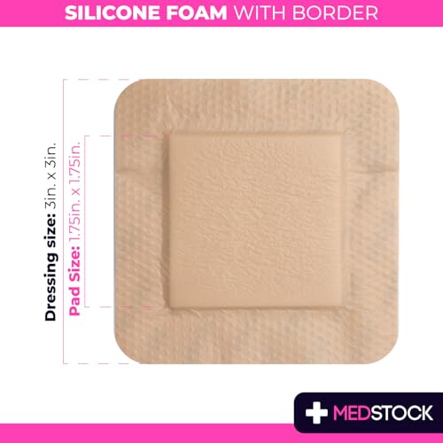 MEDSTOCK Silicone Foam Dressing with Border, 3"x3" (Pack of 10), Wound Care, Super Absorbent, Atraumatic Removal, Five Layers, Waterproof, Seals Wound Edges, No Adhesion Loss - size: 3"x3" (Pack of 10)