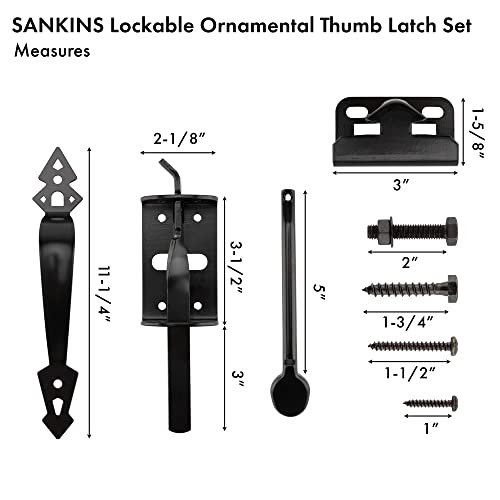 Thumb Gate Latch Hardware for Wooden Fence Heavy Duty, Self Closing Door Latches with 8" Decorative Handle, Gate Lock Kit for Outdoor Garden, Pool, Metal Gate, Vinyl Fence, Steel, Black Finish