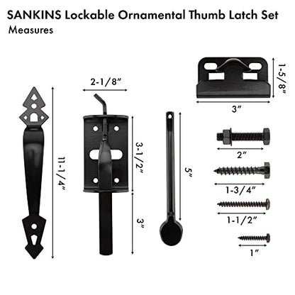 Thumb Gate Latch Hardware for Wooden Fence Heavy Duty, Self Closing Door Latches with 8" Decorative Handle, Gate Lock Kit for Outdoor Garden, Pool, Metal Gate, Vinyl Fence, Steel, Black Finish