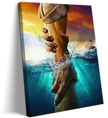 Framed Jesus Christian Canvas Wall Art, The Hand of God Jesus Reaching Into Water Religious Wall Decor Paintings, Blue Ocean Bible Pictures Posters Prints for Church Living Room Bedroom 12x16 Inch - color: Blue Jesus Hands, size: 16"L x 12"W