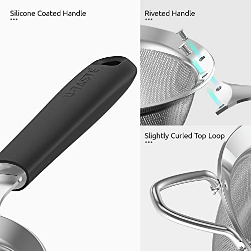 18/8 Stainless Steel Mesh Strainer: U-Taste 5.5 Inch Kitchen Fine Mesh Sieve Food Colander with Riveted Sturdy Silicone Handle and 30 Mesh Hole for Straining Flour, Pasta, Fruit, Quinoa (Black) - color: (2) Black, size: Medium (5.5 x 13 in)