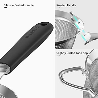 18/8 Stainless Steel Mesh Strainer: U-Taste 5.5 Inch Kitchen Fine Mesh Sieve Food Colander with Riveted Sturdy Silicone Handle and 30 Mesh Hole for Straining Flour, Pasta, Fruit, Quinoa (Black) - color: (2) Black, size: Medium (5.5 x 13 in)