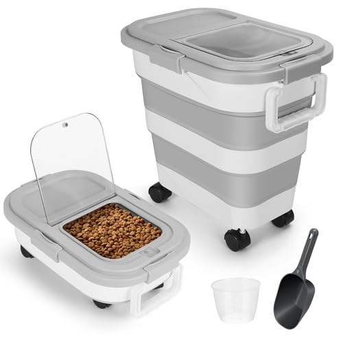 30LB Dog Food Storage Container with Wheels, Lid, Handle, Cup and Scoop - color: 30 Lbs Grey
