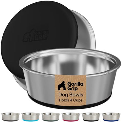 GORILLA GRIP Dog Bowls, Food Grade Stainless Steel, Set of 2, 4 Cup, Black | 304 Stainless Steel Pet Feeding Bowls Hold 32 fl oz Each, Dishwasher Safe, Rust Resistant, BPA Free Rubber Base - color: Black, size: 4 Cup (32 Oz)