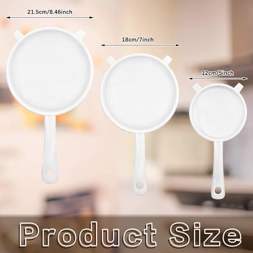 Skyley 3 Pcs Plastic Nylon Mesh Kefir Fine Strainer Set, 5 In, 7 In, 8.5 In | Plastic Flour Colander with Handle Nylon Kefir Food Strainers Flour Sifter for Baking Kitchen Tea Juice Pasta - size: 5 Inch, 7 Inch, 8.5 Inch