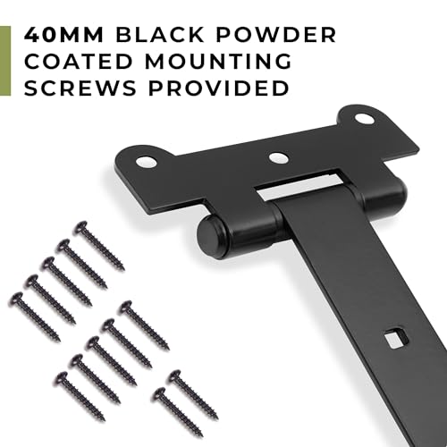 Home Improvement Door Hinges – Pack of 2 18-Inch Matte Black Hinges – 4mm Thick Barn Door Hinges Include 12 Black Coated Mounting Screws – Heavy Duty Iron Gate Hinge