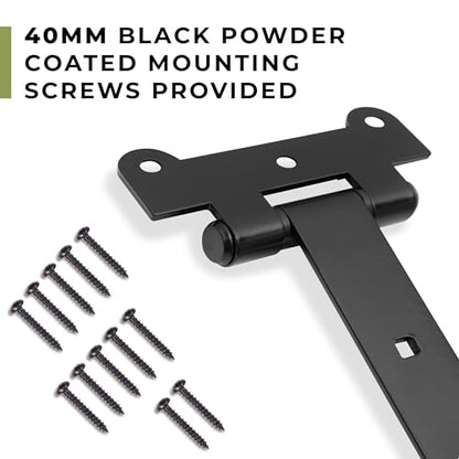Home Improvement Door Hinges – Pack of 2 18-Inch Matte Black Hinges – 4mm Thick Barn Door Hinges Include 12 Black Coated Mounting Screws – Heavy Duty Iron Gate Hinge