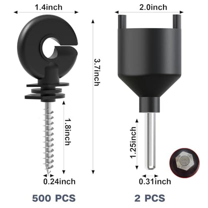 NQN 500 Pcs Black Electric Fence Insulator Screw-in Insulator Fence Ring Post Wood Post Insulator and 2 Pc Free Insulator Socket Tool (Grid System Accessories for Animal Husbandry Electronic)
