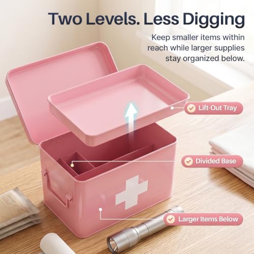Flexzion Large Metal First Aid Box Empty, 13-Inch, Pink with White Cross - color: Pink, size: 13 Inch without Latch Lock