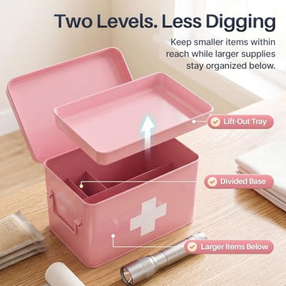 Flexzion Large Metal First Aid Box Empty, 13-Inch, Pink with White Cross - color: Pink, size: 13 Inch without Latch Lock