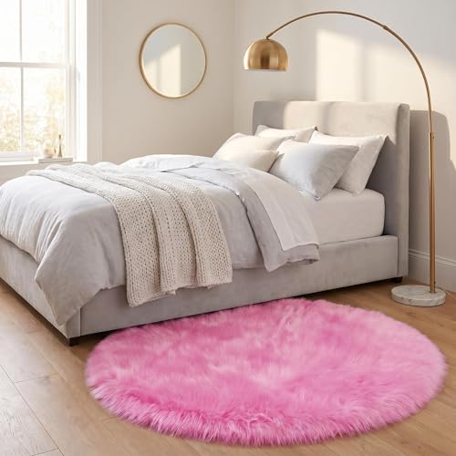 duduta Hot Pink Faux Fur Sheepskin Round Rug 4x4 ft, Fluffy Shag Circle Rug - color: Hot Pink, size: 4' x 4'