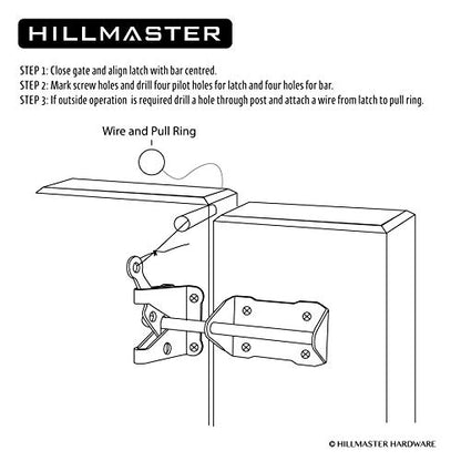 HILLMASTER Heavy Duty Automatic Gate Latch for Wooden Fence with Cable Pull, 7.5" Self Locking Gravity Gate Door Latches Security Latch for Outdoor Garden, Pool, Metal Gates, Vinyl Fence, Black Finish