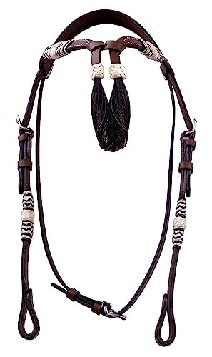 Western Horse Headstall Pony Size – Adjustable Hand Braided Genuine Leather Bridle with White Rawhide Futurity Knot Natural Hair Tassels Bridle, Western Riding Tack, Tan Color Leather (Pony Size) - size: Pony